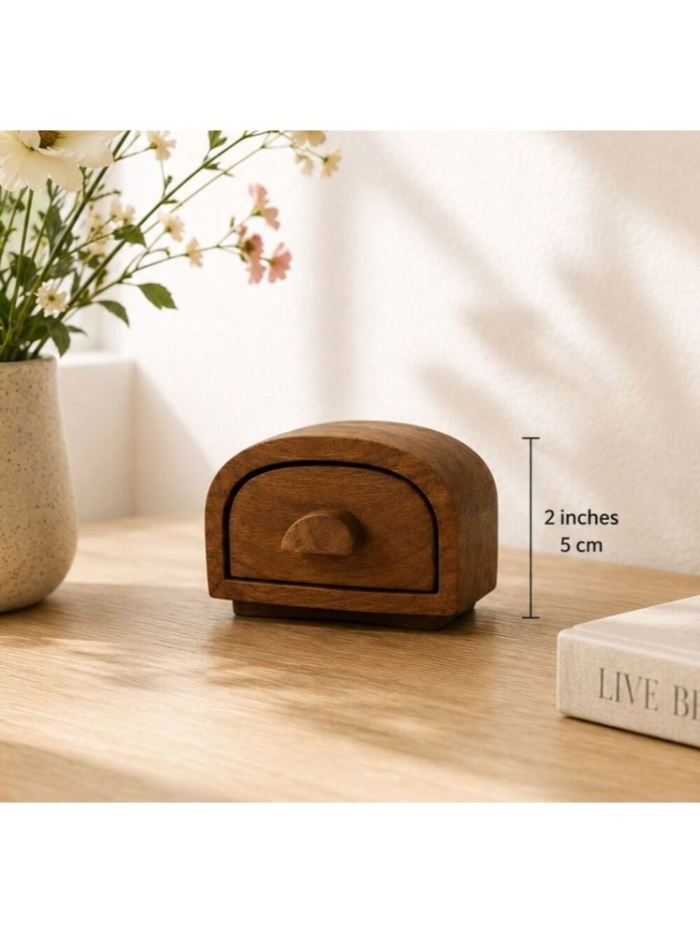 Small Wooden Vintage Curved Drawer Trinket Box With Slide-Out Compartment